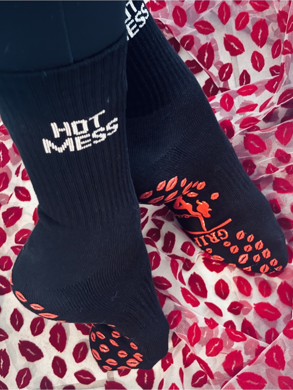 Black Grip Socks - Black with Red Accents